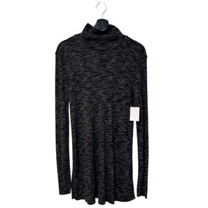 Free People Black Soft Knit Long Sleeve Open Back Slit Tunic Turtleneck Sweater